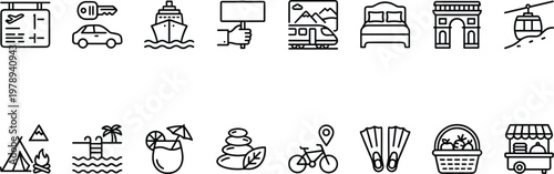 A collection of travel and tourism related icons on a white background