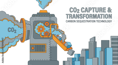 Advanced industrial carbon capture and transformation technology concept. A machine converts CO2 emissions into resources, promoting urban sustainability