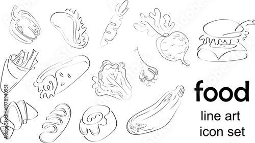 large set of icons of various fast food, pastries and various vegetables in line art style, for printing, social networks or websites