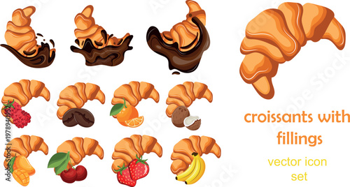 large set of croissant icons with various fruits and sweets next to them, indicating the taste and filling of the pastry, for printing, social networks or websites