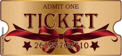 VIP style ticket, voucher or coupon template for discounts and promotions with a gold gradient and a red bow under the text, for thematic printing, social media or web design