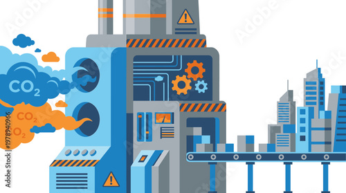 Conceptual illustration depicting industrial factories releasing significant carbon dioxide emissions, symbolizing air pollution and environmental challenges affecting urban cities