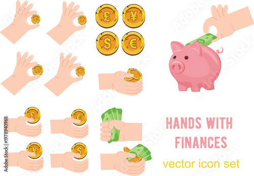 large set of gold coins and human hands holding various coins and banknotes, for thematic designs on the topic of business, banking and finance