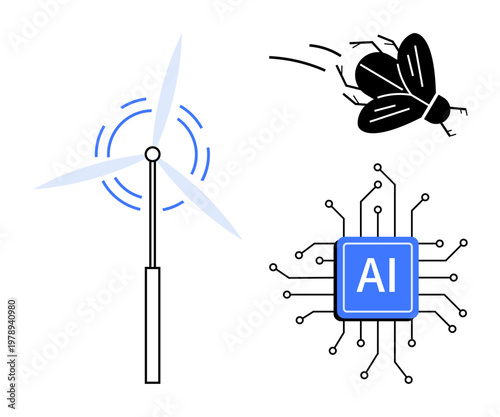 Sustainability, robotics, technology development, AI research, eco-friendly design, innovation. Wind turbine, AI microchip and robotic fly illustration. Sustainability and robotics innovation