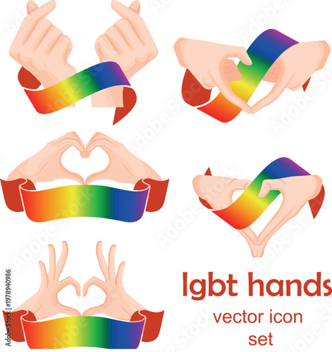 set of icons of human hands folded in a gesture of love with ribbons in LGBT colors as a symbol of love, equality and self-expression