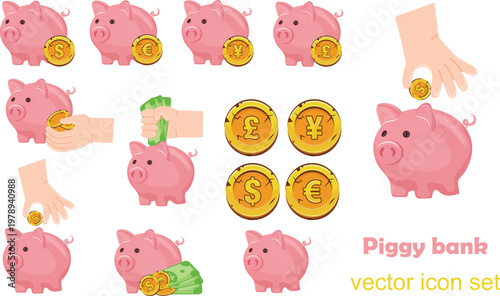 large set of pink piggy banks, gold coins and human hands for saving and storing money, for thematic designs on the topic of business, banking and finance
