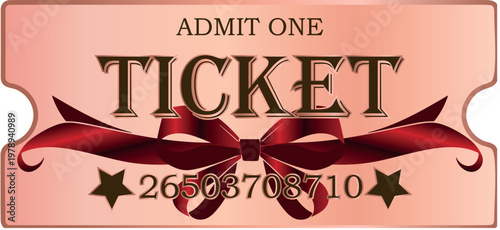 VIP style ticket, voucher or coupon template for discounts and promotions with metal gradients and red bow and ribbons under the text, for thematic printing, social media or web design