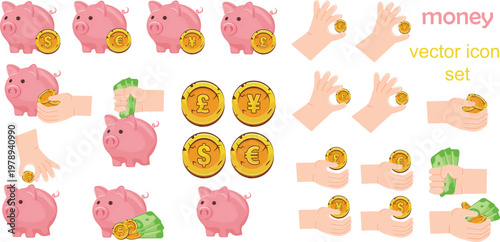 large set of gold coins and human hands holding various coins and banknotes and pink piggy banks, for thematic designs on the topic of business, banking and finance
