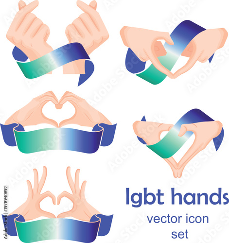 Set of icons of different hands, where fingers are folded in the shape of a heart and colored ribbons in the colors of gay pride as a symbol of love, equality and self-expression