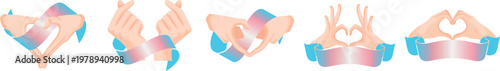 set of icons of hands folded in love gestures with a ribbon in the colors of transgender pride, as a symbol of love, equality and self-expression