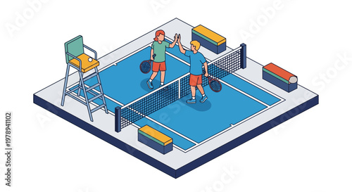 Isometric Tennis Players Giving High Five on Blue Court Vector