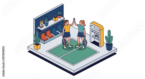 Isometric Female Tennis Players Celebrating with High Five