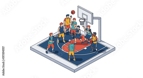 Isometric Urban Basketball Game with Players on Outdoor Court