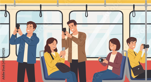 Group of passengers taking photos with phones inside moving train illustration