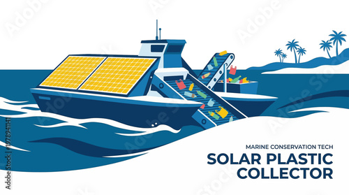 Eco-friendly solar-powered ship actively collects plastic waste from the ocean, promoting a cleaner marine environment and sustainable future
