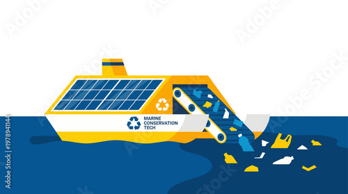 Eco-friendly autonomous boat with solar panels collecting plastic waste from the ocean, representing innovative marine conservation and sustainable environmental cleanup technology