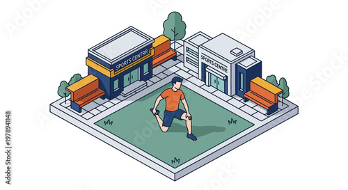 Isometric man stretching outside a sports center