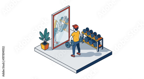 Isometric man training with dumbbells in front of gym mirror