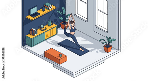 Isometric Woman Practicing Yoga in Home Studio Office Environment