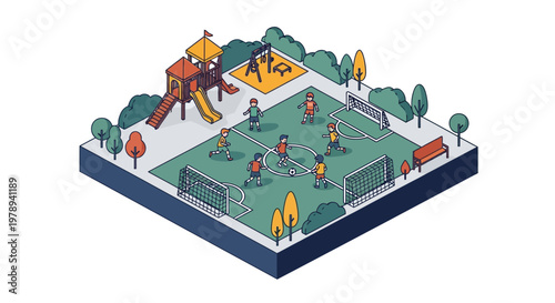 Isometric Vector Illustration of Children Playing Soccer in a Park