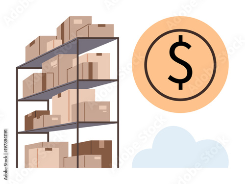 Inventory management, e-commerce, shipping, financial planning, storage, business operations. Shelves filled with boxes next to a dollar symbol. Inventory management and e-commerce concept