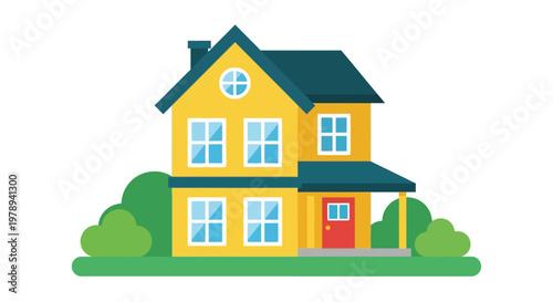 A brightly colored two story yellow house with a dark blue roof and green shrubbery is pictured