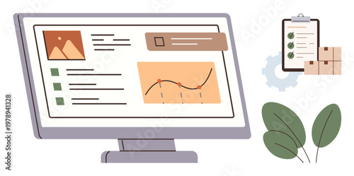 Workflow optimization, analytics tracking, supply chain management, project planning, eco-friendly concepts, operational efficiency. A computer displays a chart and data, with a checklist and leaves