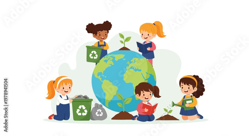 Illustrated earth day classroom poster featuring diverse children planting trees around a globe, two reading books, and recycling in the foreground, set against a clean white background