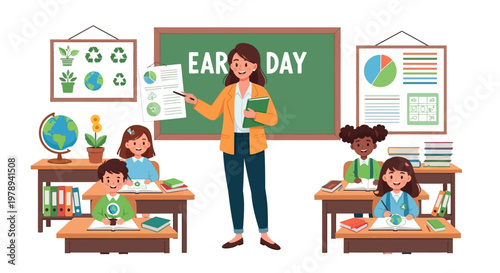 A smiling teacher points to an Earth Day education worksheet in a classroom setting, with diverse children sitting at desks against a white background in a colorful and illustrative vector