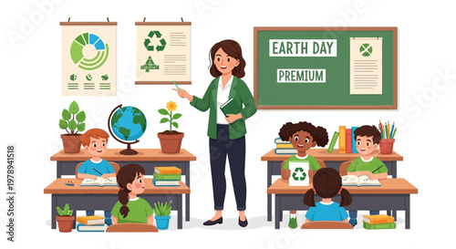 An Earth Day education vector illustration shows a teacher in a classroom pointing to a globe and educational posters, while children at desks engage in learning about environmental topics