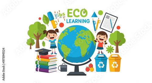 Illustrated Earth Day classroom poster depicting joyful children learning about ecology with a globe, books, trees, and recycling bins, rendered in a bright, cheerful vector style
