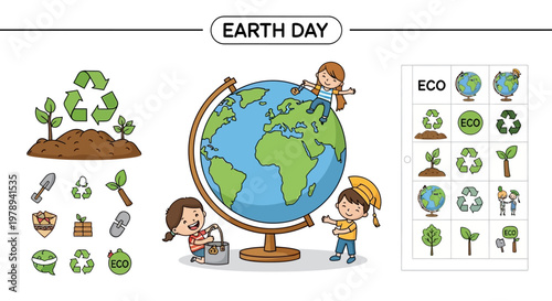 Illustrated Earth Day classroom poster with vector characters educating children about ecology using a globe and worksheets, presented in a cheerful and colorful design against a clean