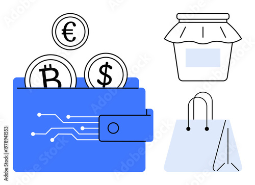 E-commerce, digital payments, cryptocurrency, financial management, modern shopping, online transactions. A digital wallet with coins, a shopping bag and a jar. E-commerce and digital payments