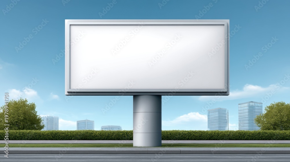 Obraz premium Blank Advertising Billboard on a Busy City Street with Clear Blue Sky and Modern Buildings in the Background