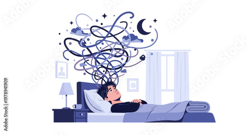 Anxious person lying awake in bed at night battling racing thoughts represented by tangled line art above their head, illustrated in a flat, stylized vector design on a clean white