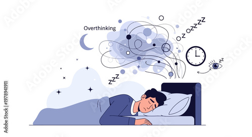 Vector illustration of a man lying awake at night with insomnia, his mind racing with thoughts depicted as swirling lines and shapes against a white background, showing mental stress