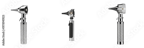 Foto Professional medical otoscopes for ear examination, ENT diagnostic equipment set, stainless steel medical tools for doctors and clinics, isolated on transparent PNG background