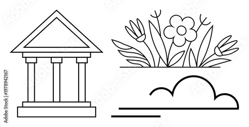 Education, culture, environment, heritage, learning, art. Architectural structure and floral elements in linear design. Education and cultural heritage with simplicity and clarity