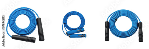 Three Professional Blue Jump Ropes With Black Handles Isolated On White Background Set Of Fitness Equipment