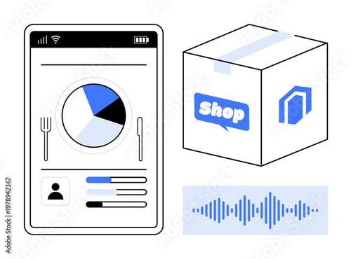 Data analytics. Includes mobile user data charts for deeper insights and trends. Related to online shopping and voice recognition systems. For e-commerce, tech, mobile apps, UI design, and logistics
