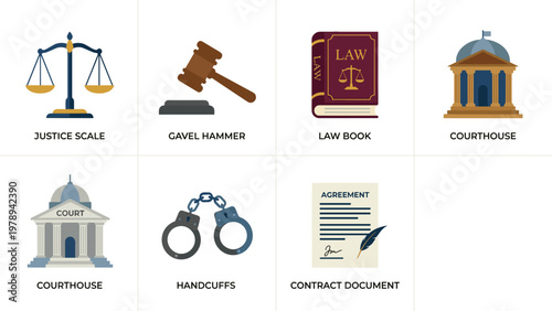 A set of law icons including a judge's scale, gavel, law book, courthouse, handcuffs, and contract document on transparent background