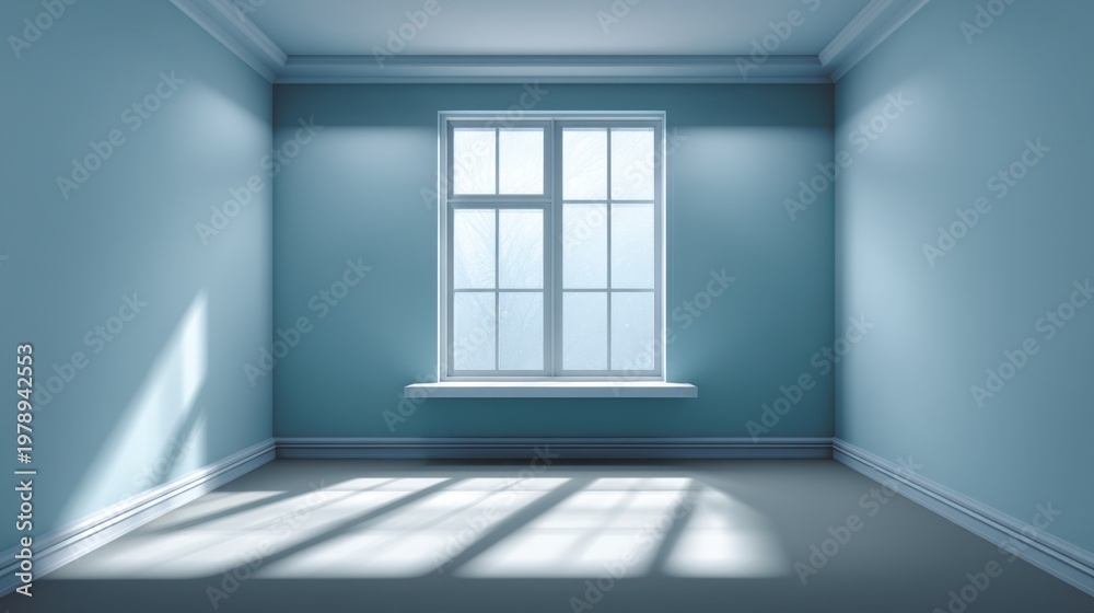 Fototapeta premium Spacious and Bright Empty Room with Blue Walls and Natural Light Streaming Through a Window onto Light Gray Floor