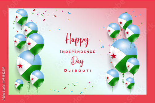 High quality 3D balloon flag card for Djibouti Independence Day, featuring bold national colors and festive elements, perfect for patriotic celebrations, events and promotional materials.