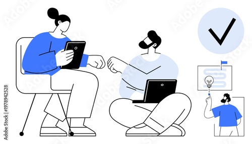 Teamwork, brainstorming, remote work, creativity, communication, digital collaboration, technology. Two people exchanging ideas with devices. Teamwork and brainstorming visually