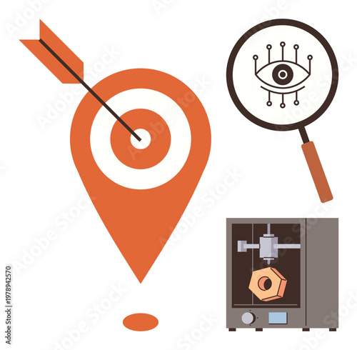 Data analysis, technology research, precision, innovation, goals, and 3D printing. Orange target with arrow, magnifying glass with eye and circuit and 3D printer. Data analysis and technology focus