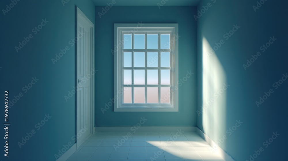 Fototapeta premium Bright and Serene Empty Room with Light Blue Walls and Sunlight Streaming through a Window, Inviting Calmness and Spaciousness for Various Uses