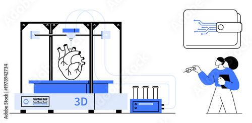 Healthcare technology, 3D printing, biotechnology, medical innovation, digital health, advanced research. A 3D printer creating a human heart, digital integration . Healthcare technology and 3D