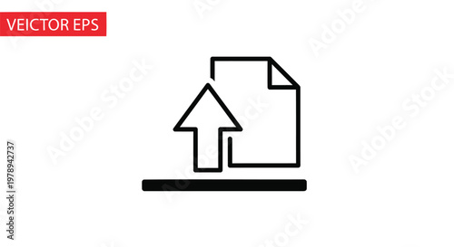 Minimalist file upload icon vector, black line document with up arrow symbol, digital data transfer and cloud storage interface element