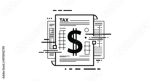 Minimalist tax document icon with dollar sign symbol, black and white financial paperwork vector, professional accounting and tax return illustration