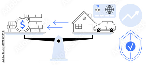 Financial planning, investments, asset management, risk assessment, saving, security. Scales balancing money with home and car. Financial planning and investments concept
